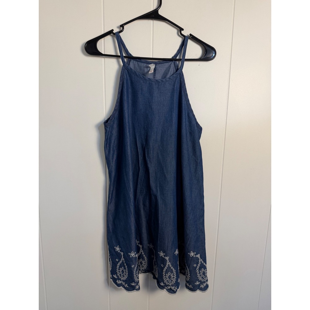 Xhilaration Denim Halter Dress Large‎ Blue Embroidered Scalloped Hem Shift